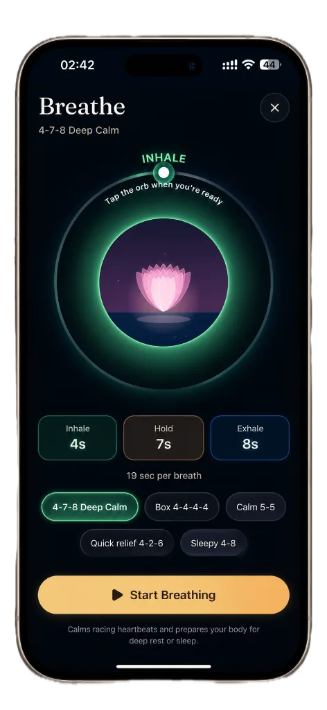 Aama Breathe screen with a glowing lotus and 4-7-8 deep calm breathing timer.